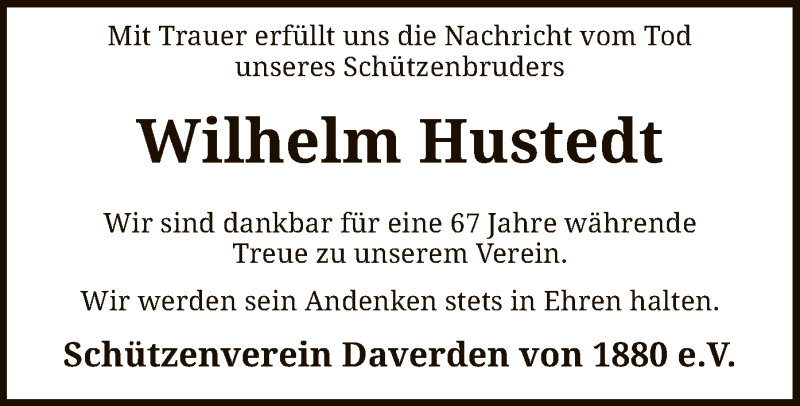  Traueranzeige für Wilhelm Hustedt vom 03.07.2021 aus SYK