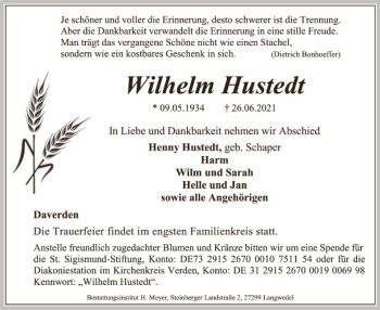 Traueranzeige von Wilhelm Hustedt von SYK