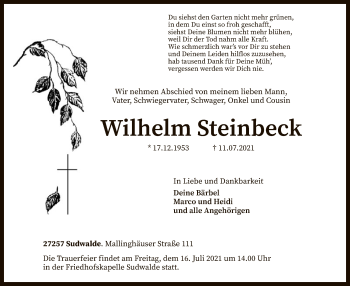 Traueranzeige von Wilhelm Steinbeck von SYK