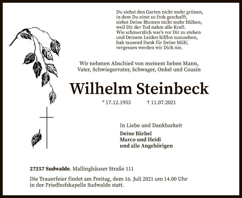  Traueranzeige für Wilhelm Steinbeck vom 14.07.2021 aus SYK