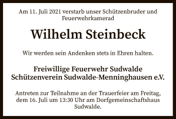 Traueranzeige von Wilhelm Steinbeck von SYK