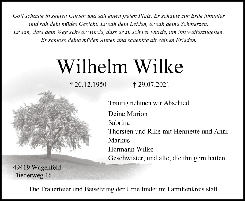  Traueranzeige für Wilhelm Wilke vom 31.07.2021 aus SYK