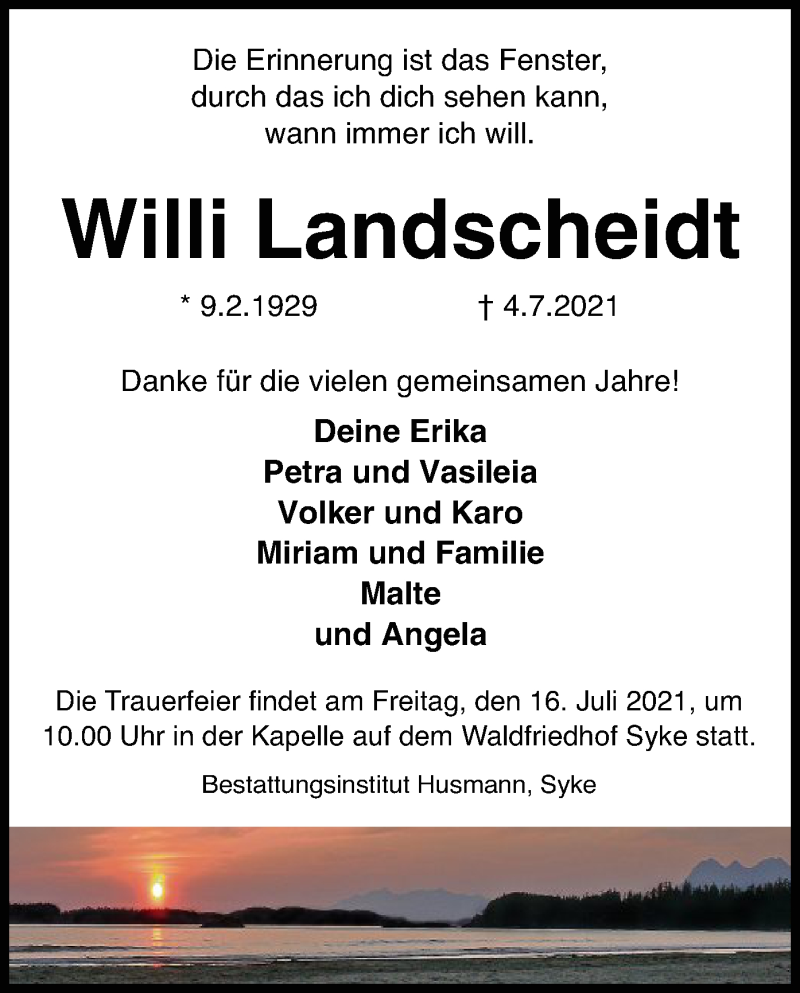  Traueranzeige für Willi Landscheidt vom 10.07.2021 aus SYK