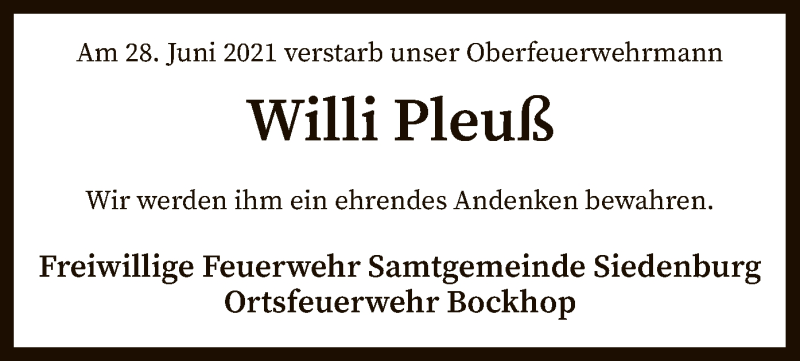  Traueranzeige für Willi Pleuß vom 05.07.2021 aus SYK