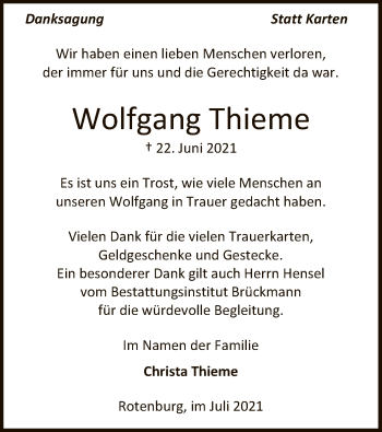 Traueranzeige von Wolfgang Thieme von SYK