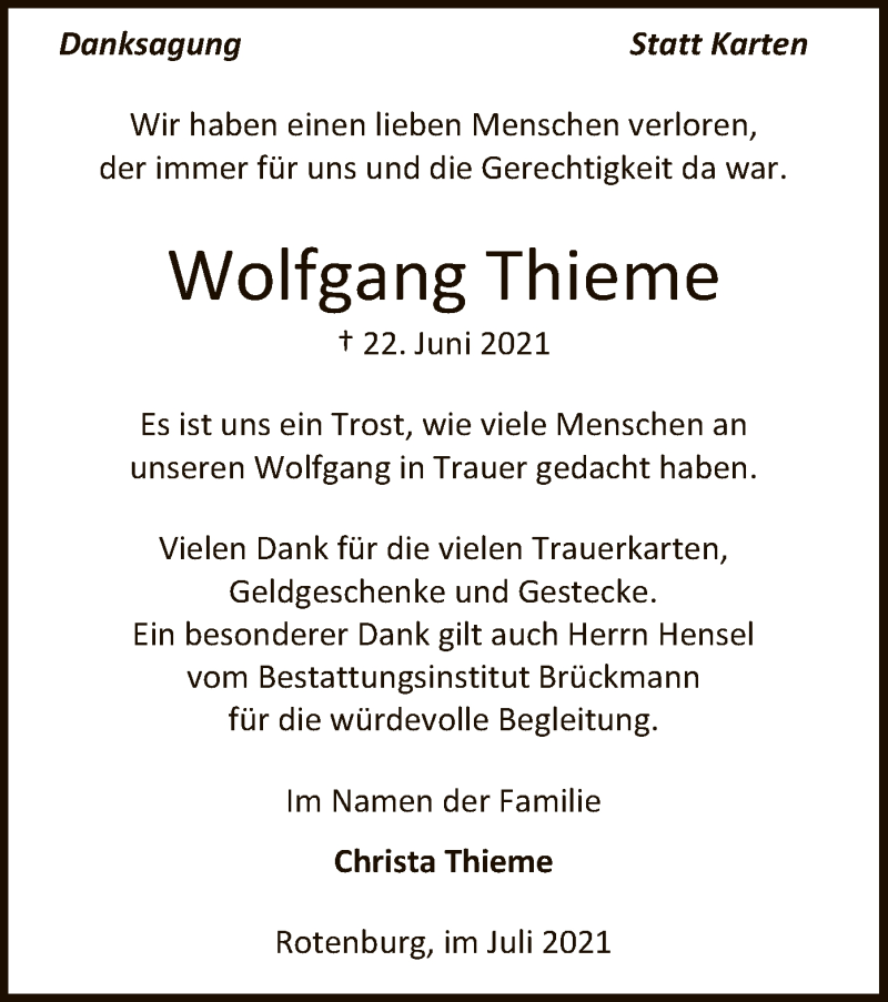  Traueranzeige für Wolfgang Thieme vom 15.07.2021 aus SYK