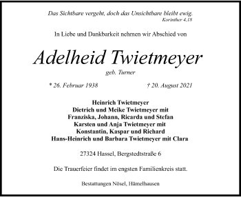 Traueranzeige von Adelheid Twietmeyer von SYK