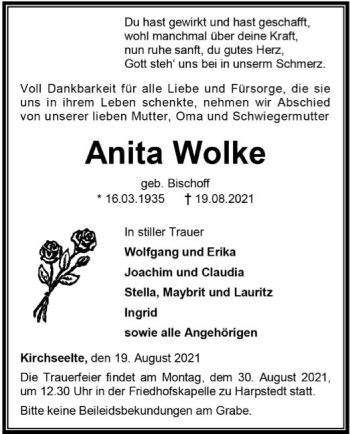 Traueranzeige von Anita Wolke von SYK