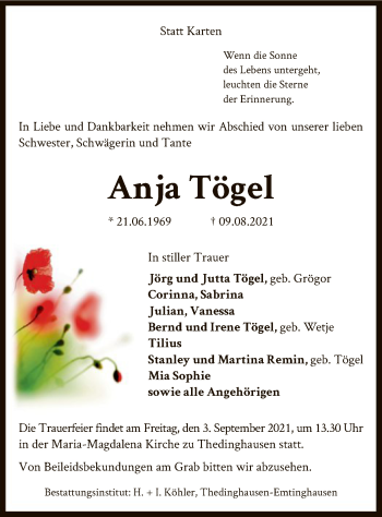 Traueranzeige von Anja Tögel von SYK