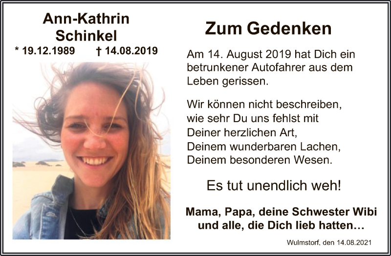  Traueranzeige für Ann-Kathrin Schinkel vom 14.08.2021 aus SYK