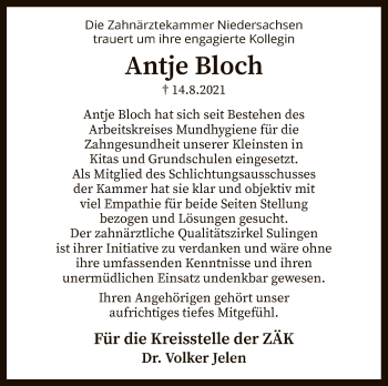 Traueranzeige von Antje Bloch von SYK