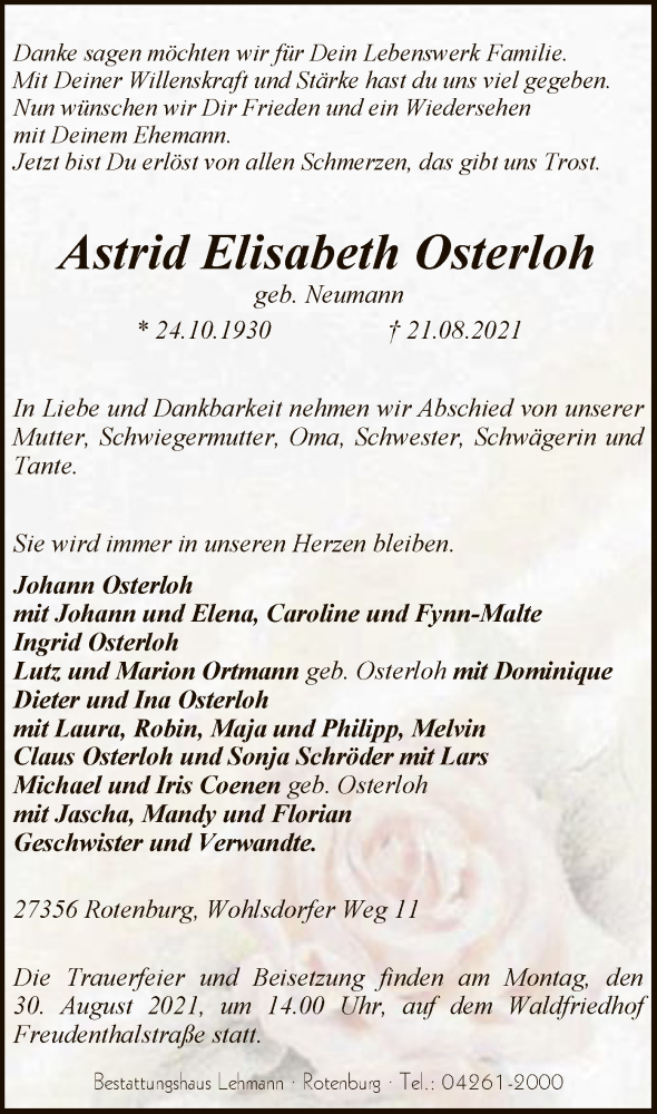  Traueranzeige für Astrid Elisabeth Osterloh vom 24.08.2021 aus SYK