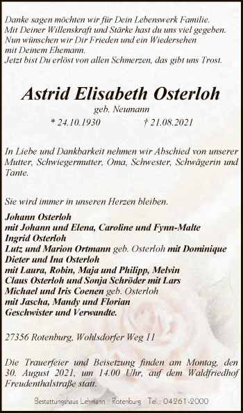 Traueranzeige von Astrid Elisabeth Osterloh von SYK