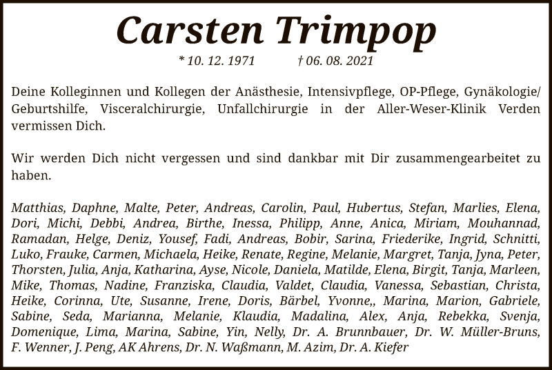  Traueranzeige für Carsten Trimpop vom 13.08.2021 aus SYK