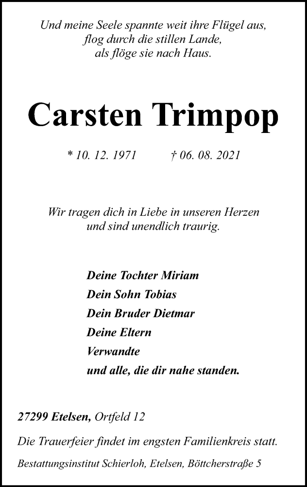  Traueranzeige für Carsten Trimpop vom 12.08.2021 aus SYK