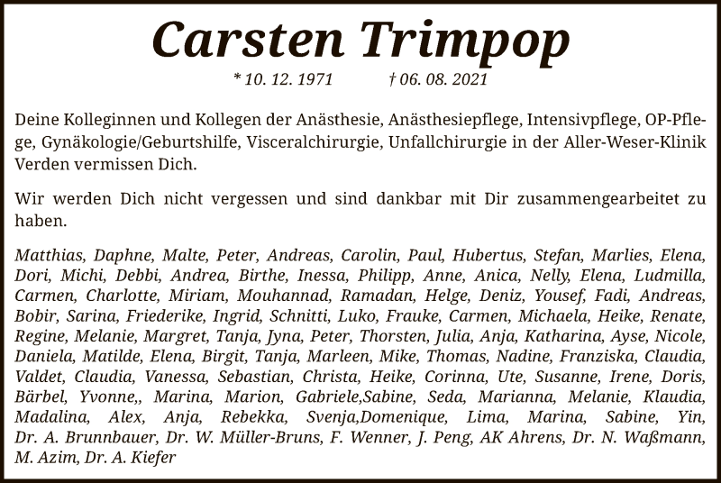  Traueranzeige für Carsten Trimpop vom 14.08.2021 aus SYK