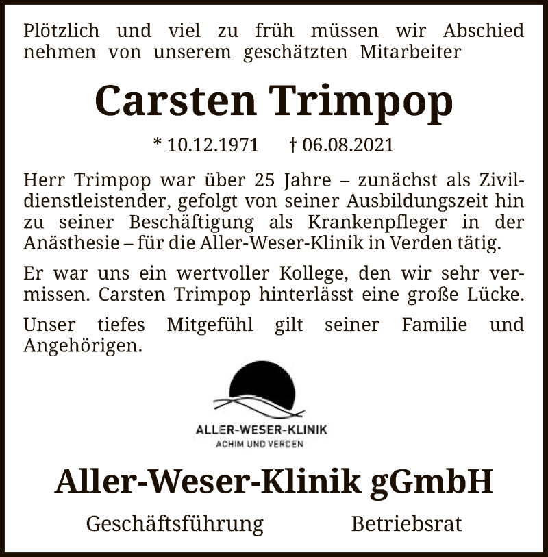  Traueranzeige für Carsten Trimpop vom 14.08.2021 aus SYK