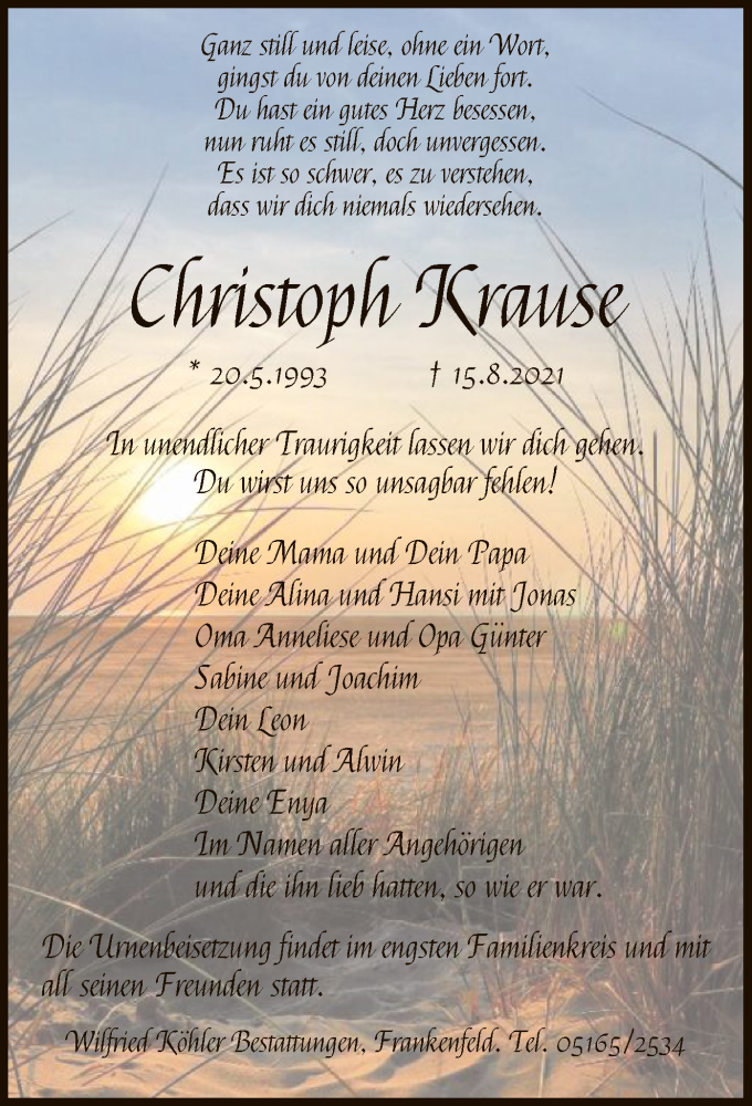  Traueranzeige für Christoph Krause vom 21.08.2021 aus SYK
