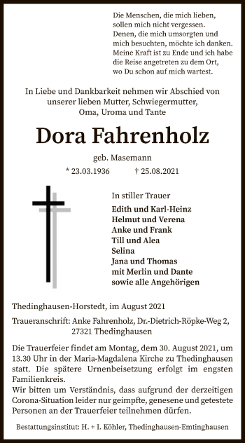 Traueranzeige von Dora Fahrenholz von SYK