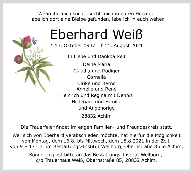  Traueranzeige für Eberhard Weiß vom 14.08.2021 aus SYK