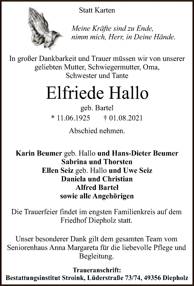  Traueranzeige für Elfriede Hallo vom 04.08.2021 aus SYK