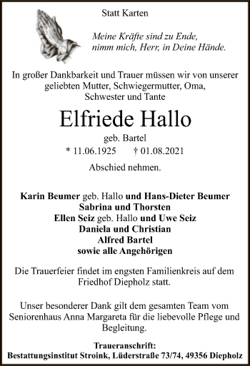 Traueranzeige von Elfriede Hallo von SYK