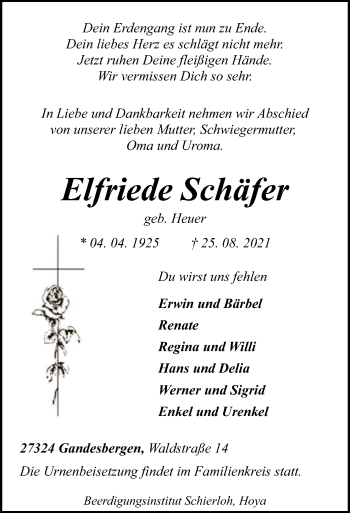 Traueranzeige von Elfriede Schäfer von SYK