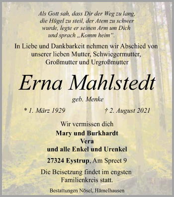 Traueranzeige von Erna Mahlstedt von SYK