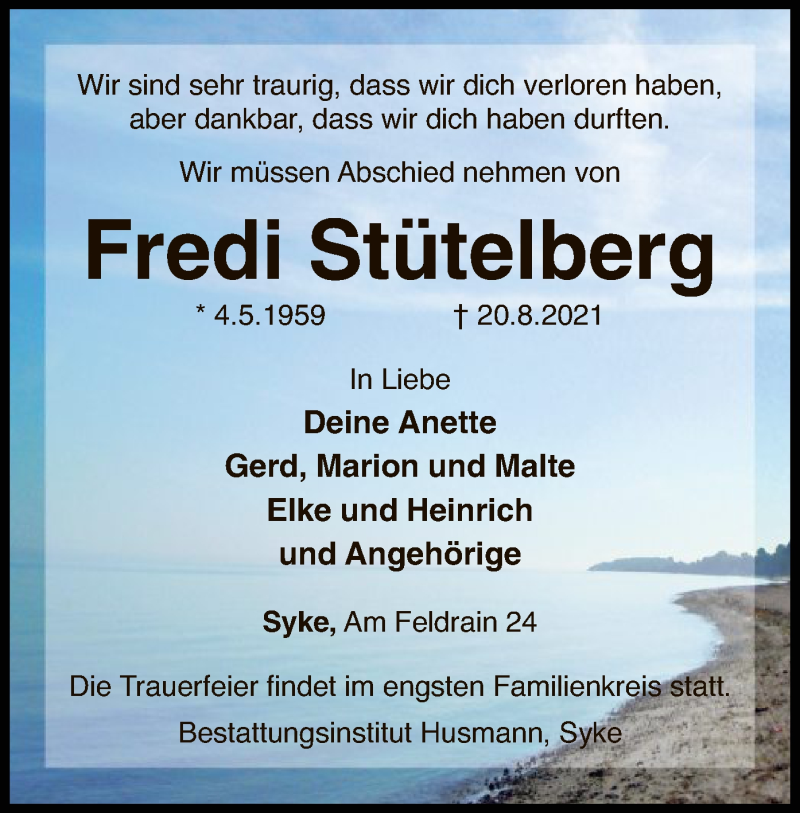  Traueranzeige für Fredi Stütelberg vom 25.08.2021 aus SYK