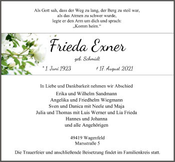 Traueranzeige von Frieda Exner von SYK