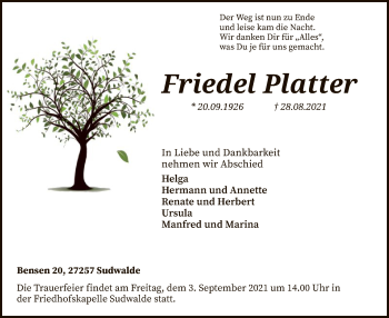 Traueranzeige von Friedel Platter von SYK