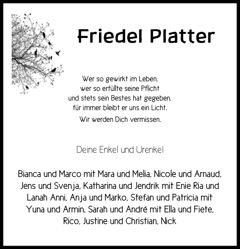  Traueranzeige für Friedel Platter vom 31.08.2021 aus SYK