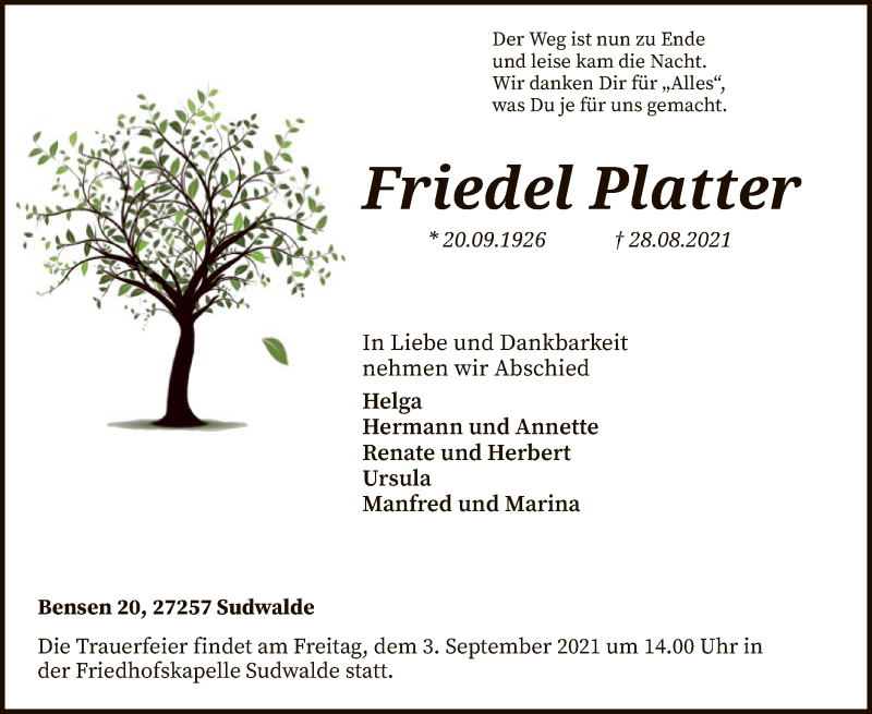  Traueranzeige für Friedel Platter vom 31.08.2021 aus SYK