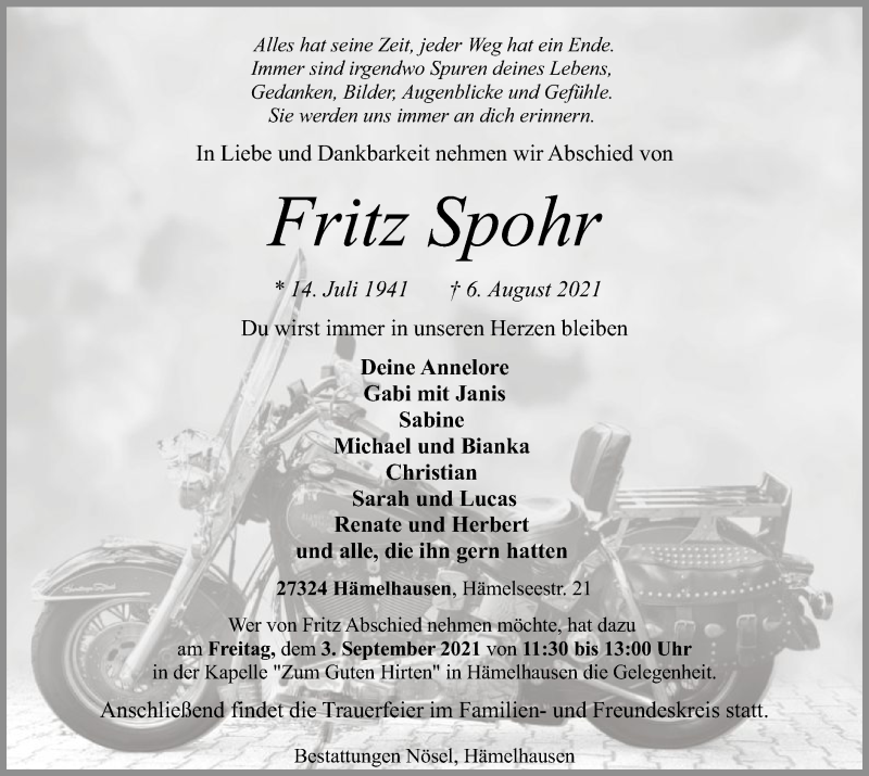  Traueranzeige für Fritz Spohr vom 21.08.2021 aus SYK