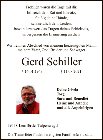 Traueranzeige von Gerd Schiller von SYK