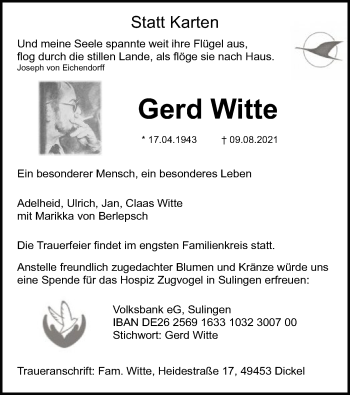 Traueranzeige von Gerd Witte von SYK