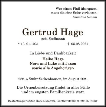 Traueranzeige von Gertrud Hage von SYK