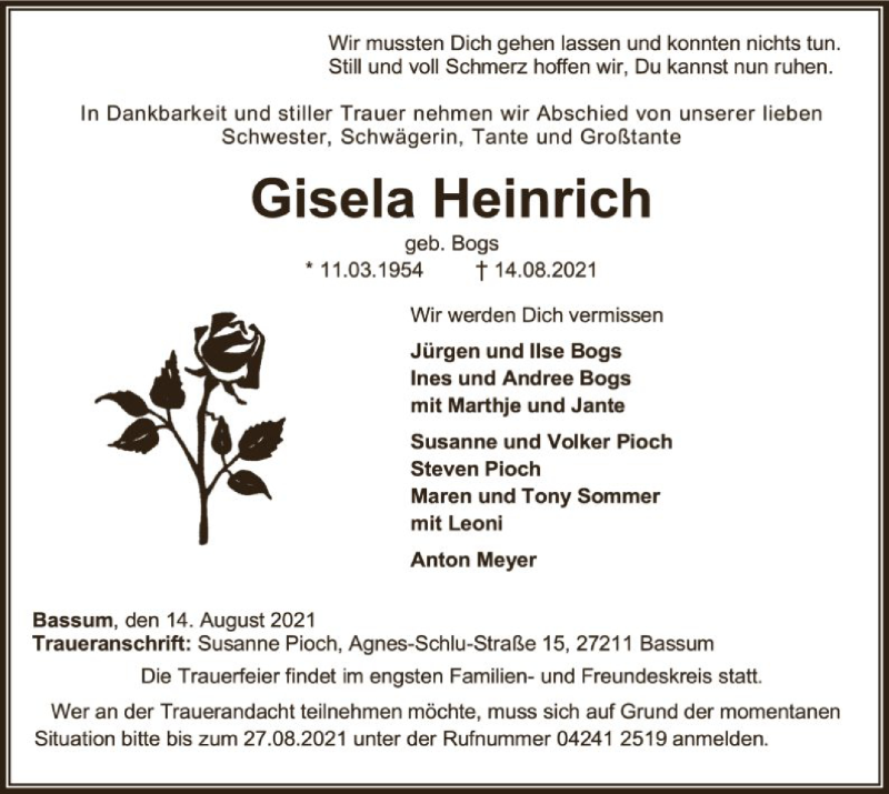  Traueranzeige für Gisela Heinrich vom 18.08.2021 aus SYK
