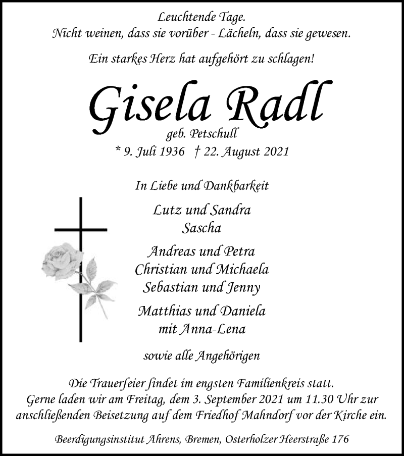  Traueranzeige für Gisela Radl vom 28.08.2021 aus SYK