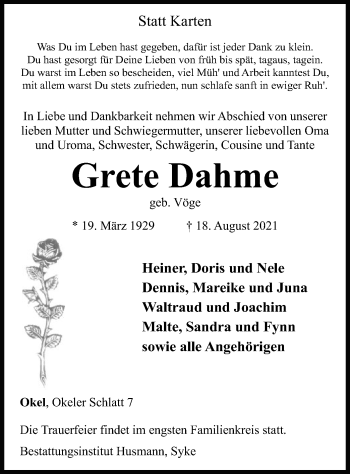 Traueranzeige von Grete Dahme von SYK