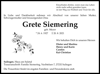 Traueranzeige von Grete Siemering von SYK