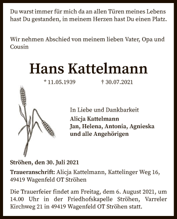 Traueranzeige von Hans Kattelmann von SYK