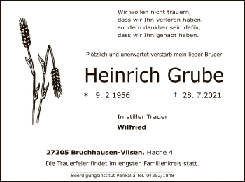 Traueranzeige von Heinrich Grube von SYK