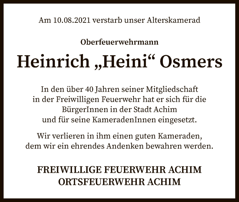  Traueranzeige für Heinrich Osmers vom 21.08.2021 aus SYK