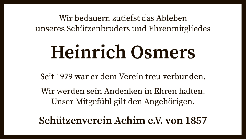  Traueranzeige für Heinrich Osmers vom 20.08.2021 aus SYK