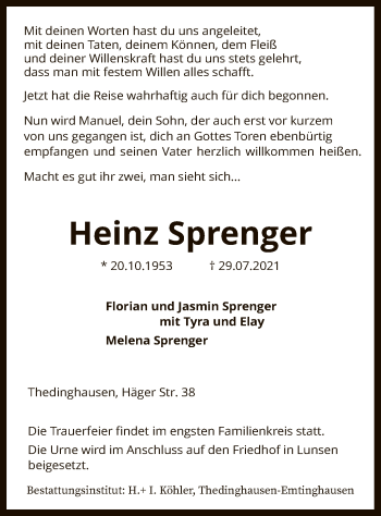 Traueranzeige von Heinz Sprenger von SYK