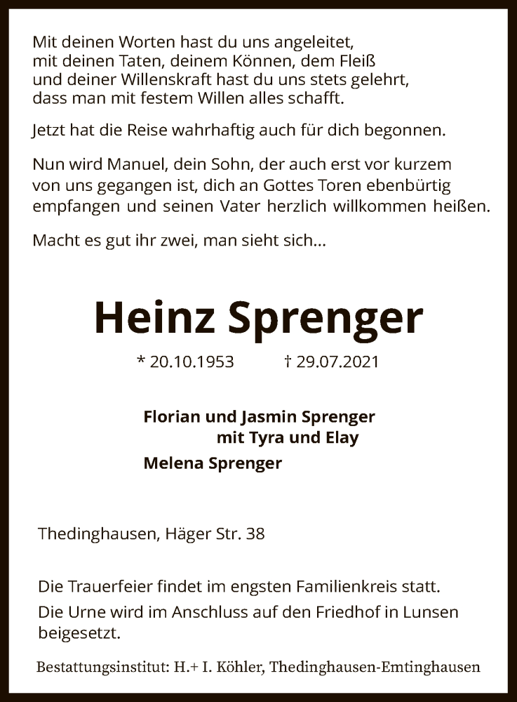  Traueranzeige für Heinz Sprenger vom 07.08.2021 aus SYK