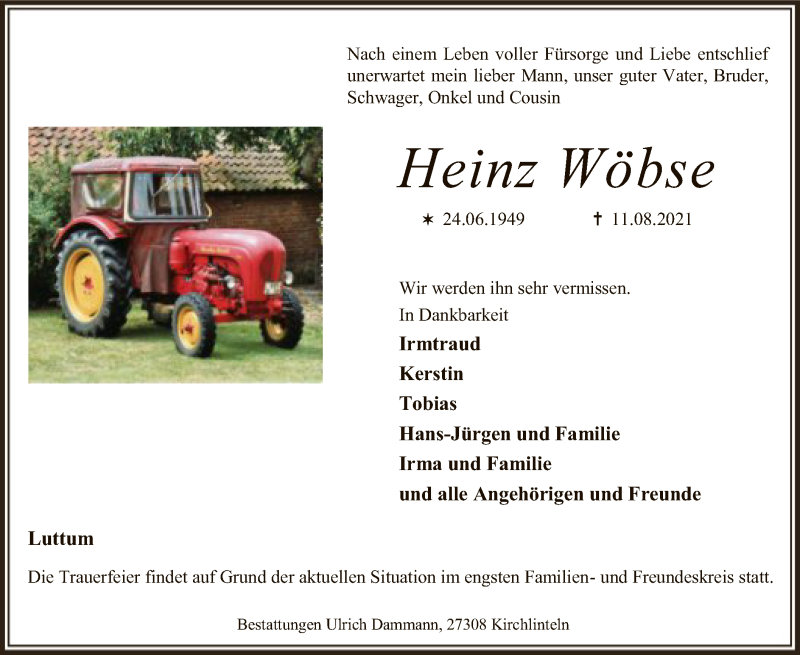  Traueranzeige für Heinz Wöbse vom 18.08.2021 aus SYK