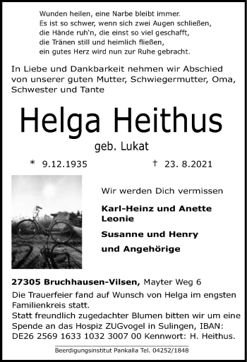 Traueranzeige von Helga Heithus von SYK