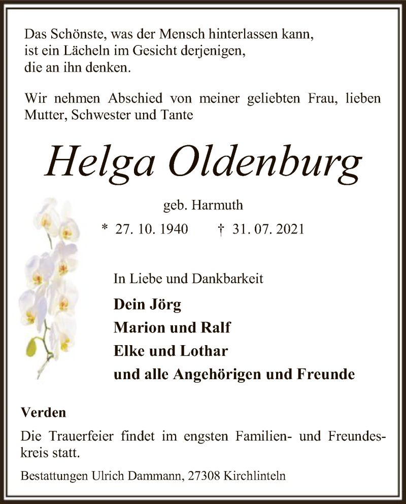  Traueranzeige für Helga Oldenburg vom 10.08.2021 aus SYK